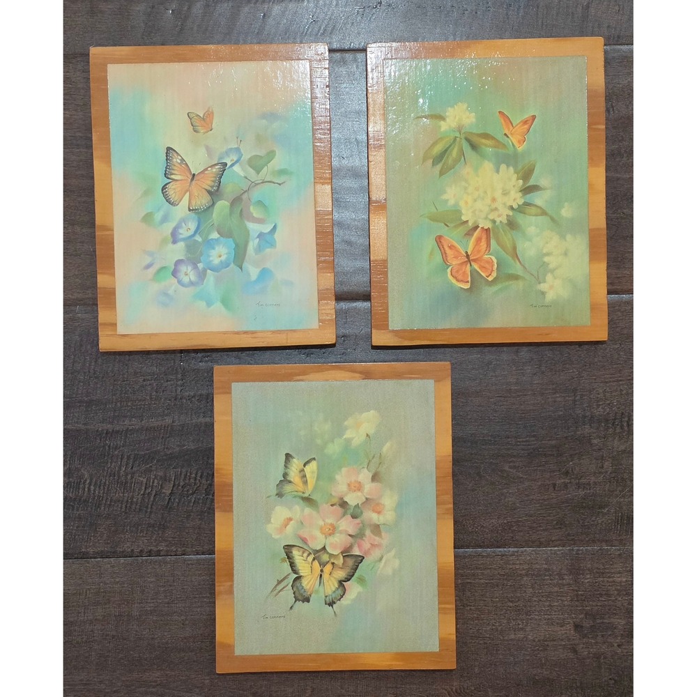 VTG Retro Cottagecore TimConners Butterfly Floral Wood Wall Plaque Set of 3 Art
